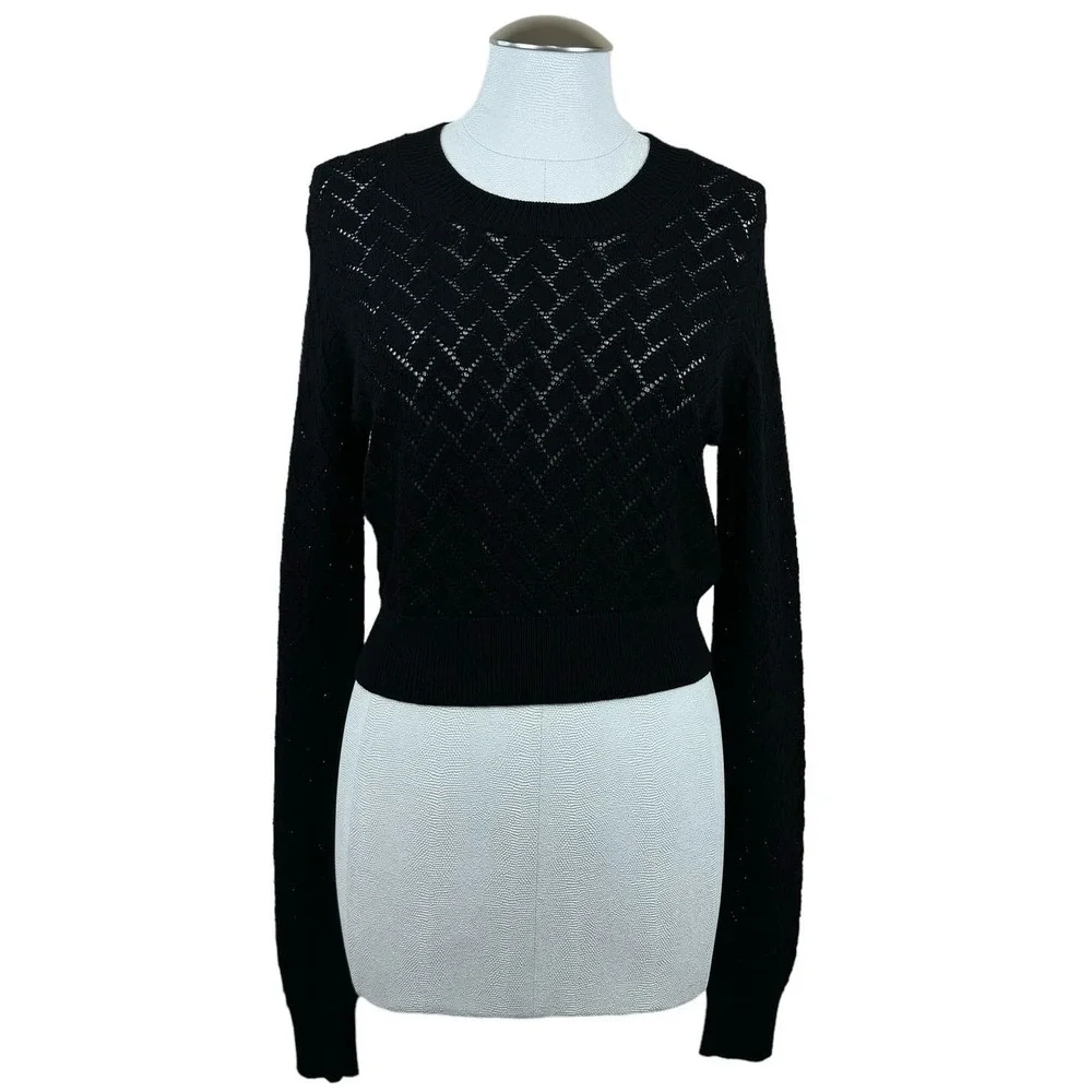 GREY Jason Wu Women's Sweater Large Black Open Knit Long Sleeve Cropped‎ Top